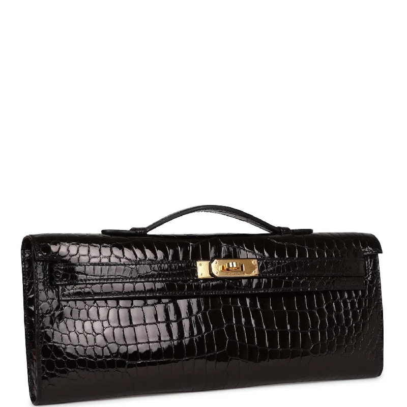 Hermès Kelly Bags with a leather - wrapped turnlock for added eleganceHermes Kelly Cut Black Shiny Porosus Crocodile Gold Hardware