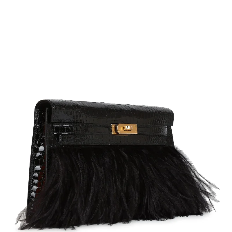 Hermès Kelly Bags in a soft ivory color for an elegant aestheticHermes Kelly Elan Foile Black Shiny Porosus Crocodile and Ostrich Feather Gold Hardware