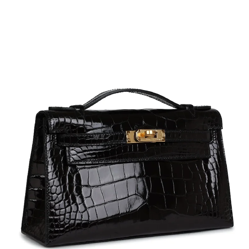 Hermès Kelly Bags with a metal - framed handle for durabilityHermes Kelly Pochette Black Shiny Alligator Gold Hardware