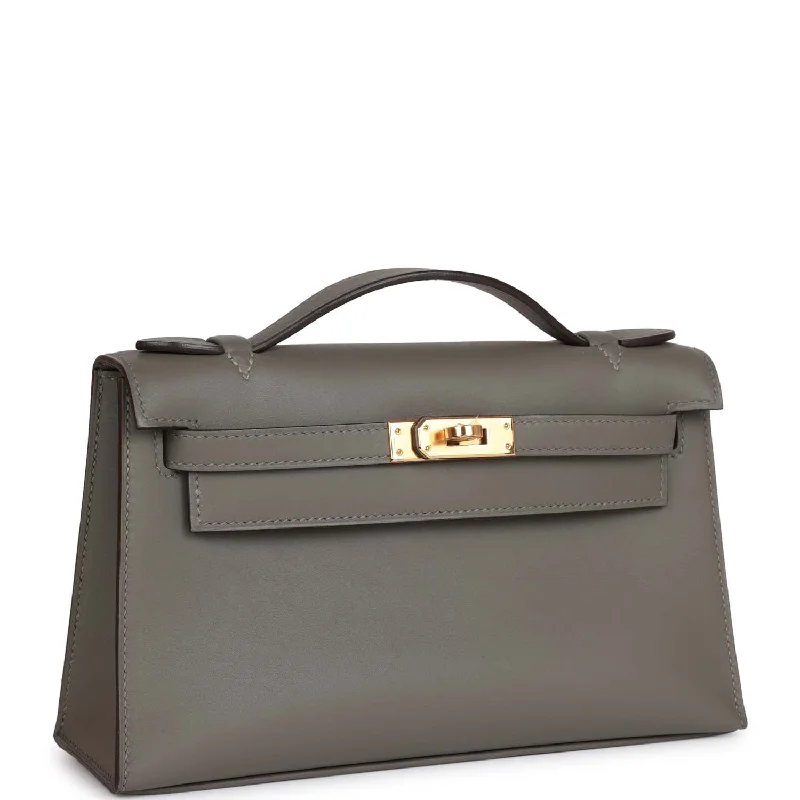 Hermès Kelly Bags with a snap - fastened front pocket for convenienceHermes Kelly Pochette Gris Meyer Swift Gold Hardware