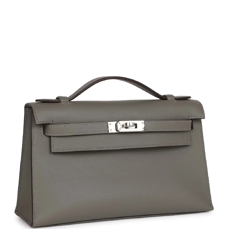 Hermès Kelly Bags with a two - tone leather design for visual interestHermes Kelly Pochette Gris Meyer Swift Palladium Hardware