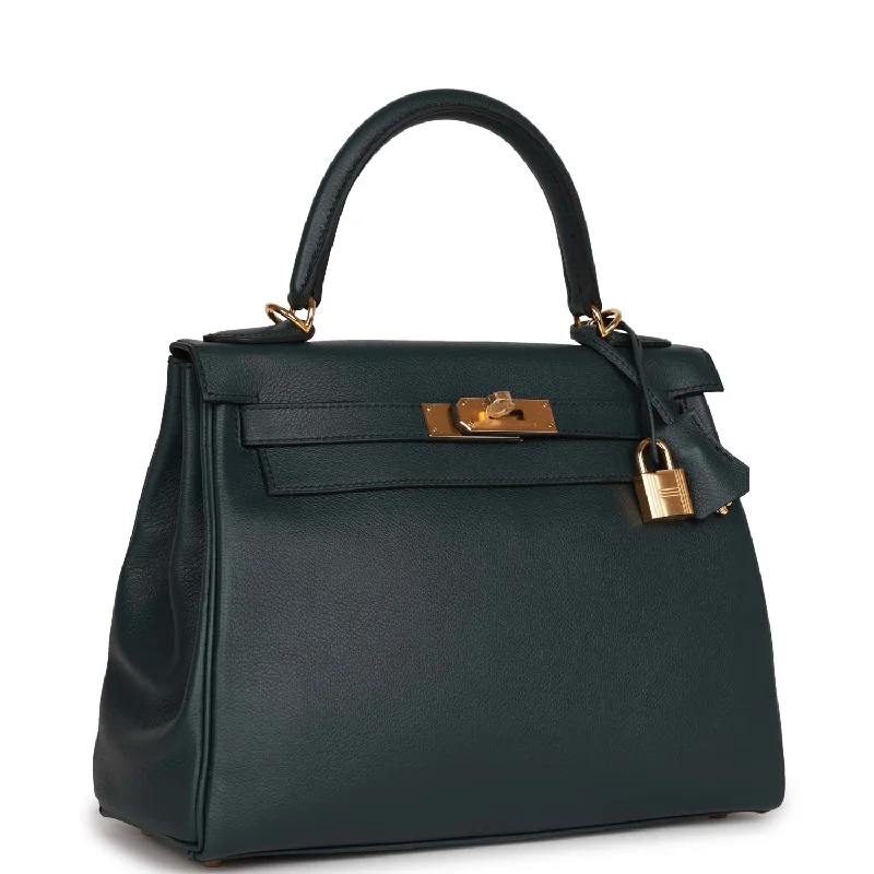 Hermès Kelly Bags in a deep emerald green for a regal lookHermes Kelly Retourne 28 Vert Rousseau Evercolor Gold Hardware