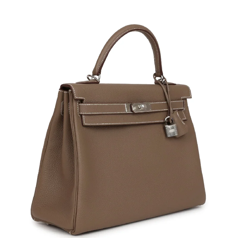 Hermès Kelly Bags in a neutral camel color for a versatile styleHermes Kelly Retourne 32 Etoupe Togo Palladium Hardware