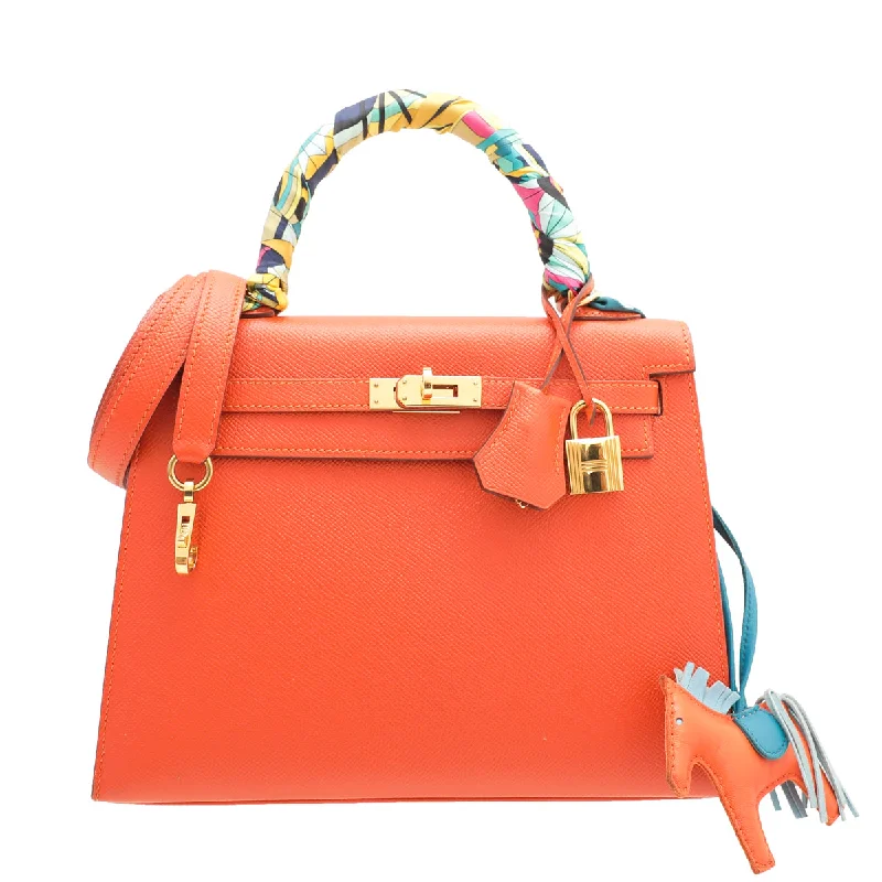 Hermès Kelly Bags with a detachable shoulder strap for versatilityHermes Orange Poppy Sellier Kelly 25 Bag W- Rodeo Charm & Twilly