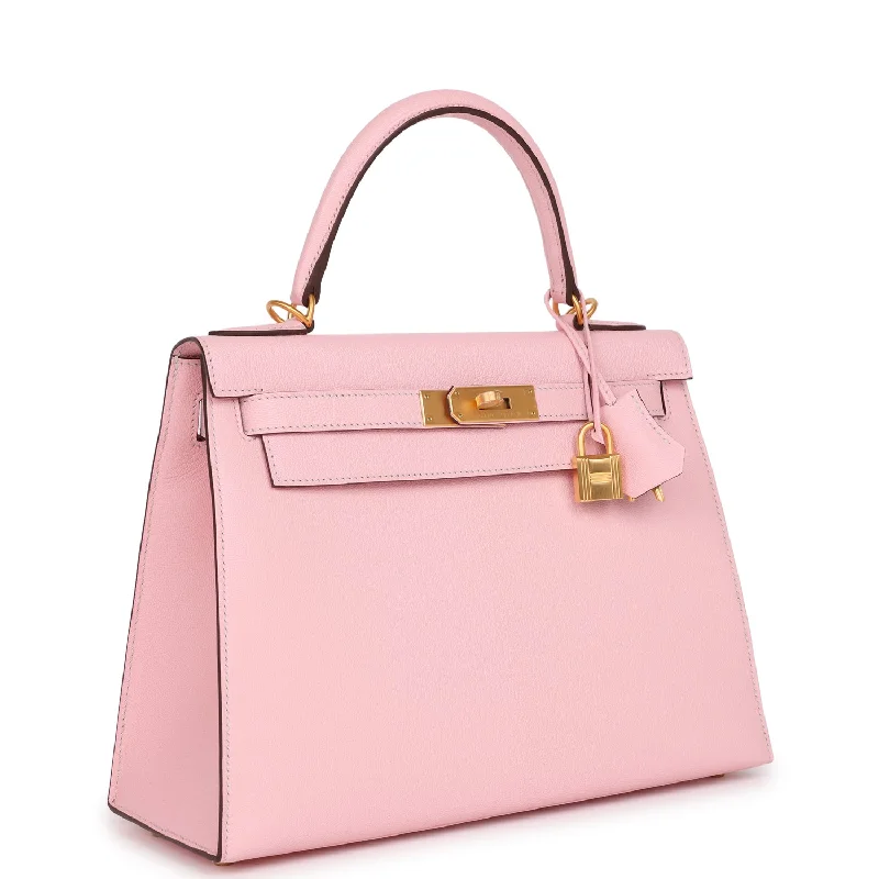 Hermès Kelly Bags with a double - handle option for easy carryingHermes Special Order (HSS) Kelly Sellier 28 Rose Sakura Verso Chevre Brushed Gold Hardware