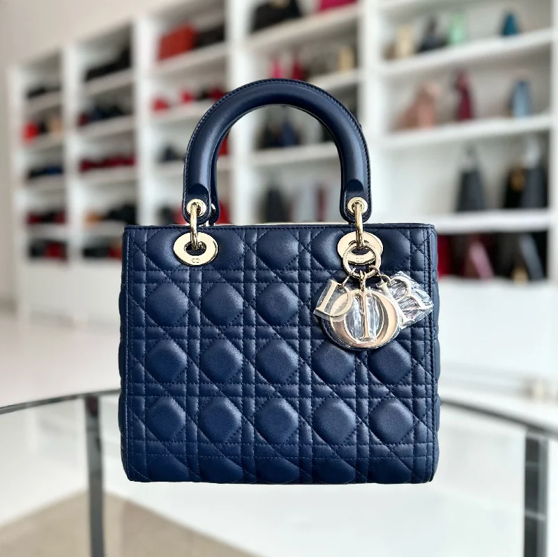 Christian Dior tote bags with a double - handle and shoulder - strap option*No Strap* Lady Medium Lambskin Dark Blue GHW