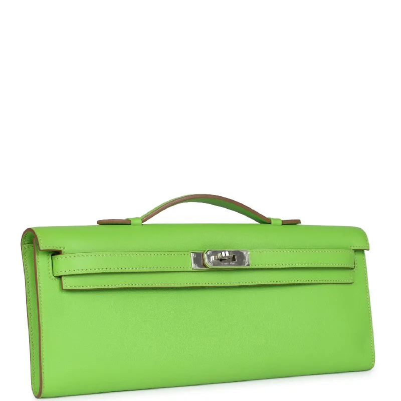 Hermès Kelly Bags with a two - tone leather design for visual interestHermes Kelly Cut Vert Cru Swift Palladium Hardware