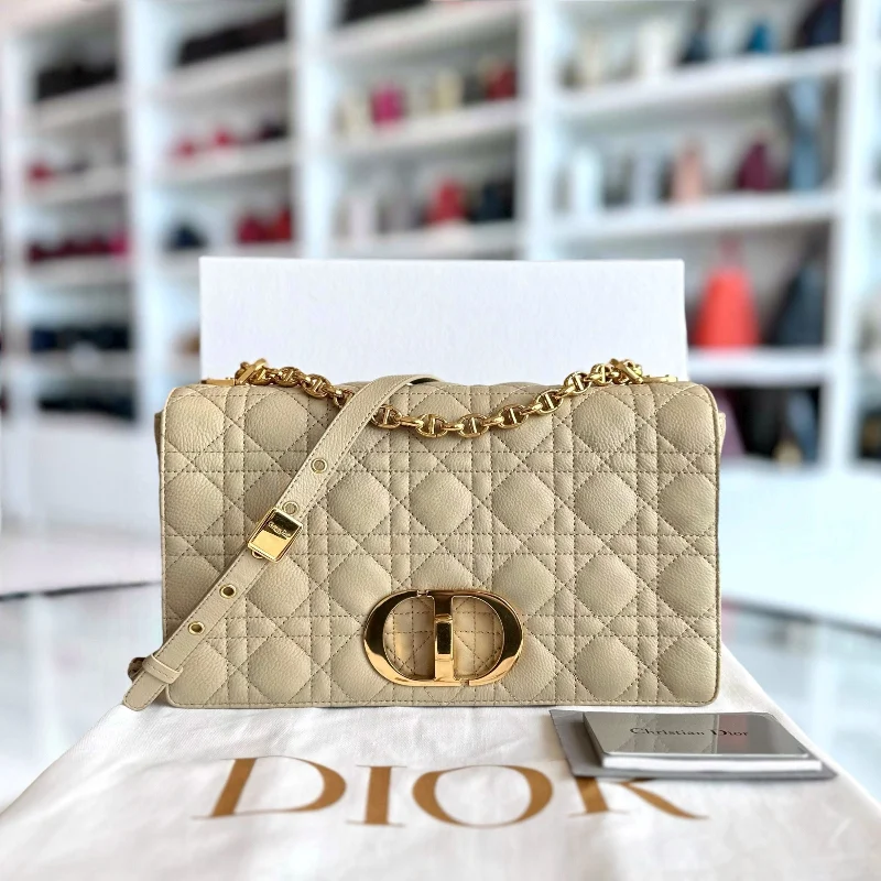 Luxury Christian Dior crossbody bags with a chain - link strap*Year 2022* Caro Large Flap Cannage Grained Calfskin Beige GHW