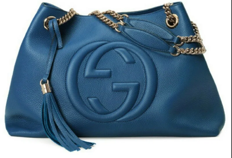 Gucci handbags for women with a patent - leather finishGucci Soho BLUE Caspian Gold Double Chain Hobo Leather Shoulder Bag Italy NEW